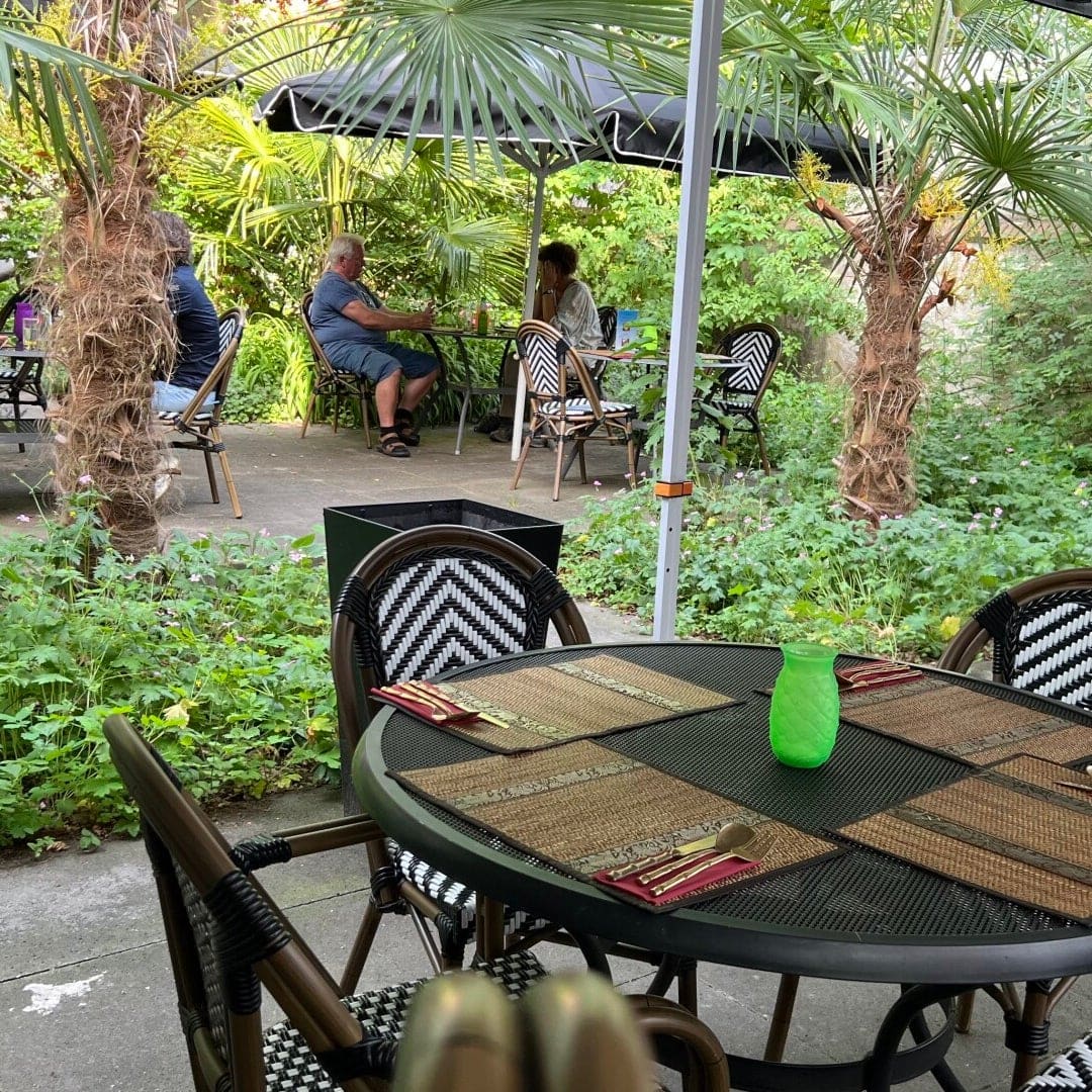Gasten tussen de palmen op het terras achter het restaurant.