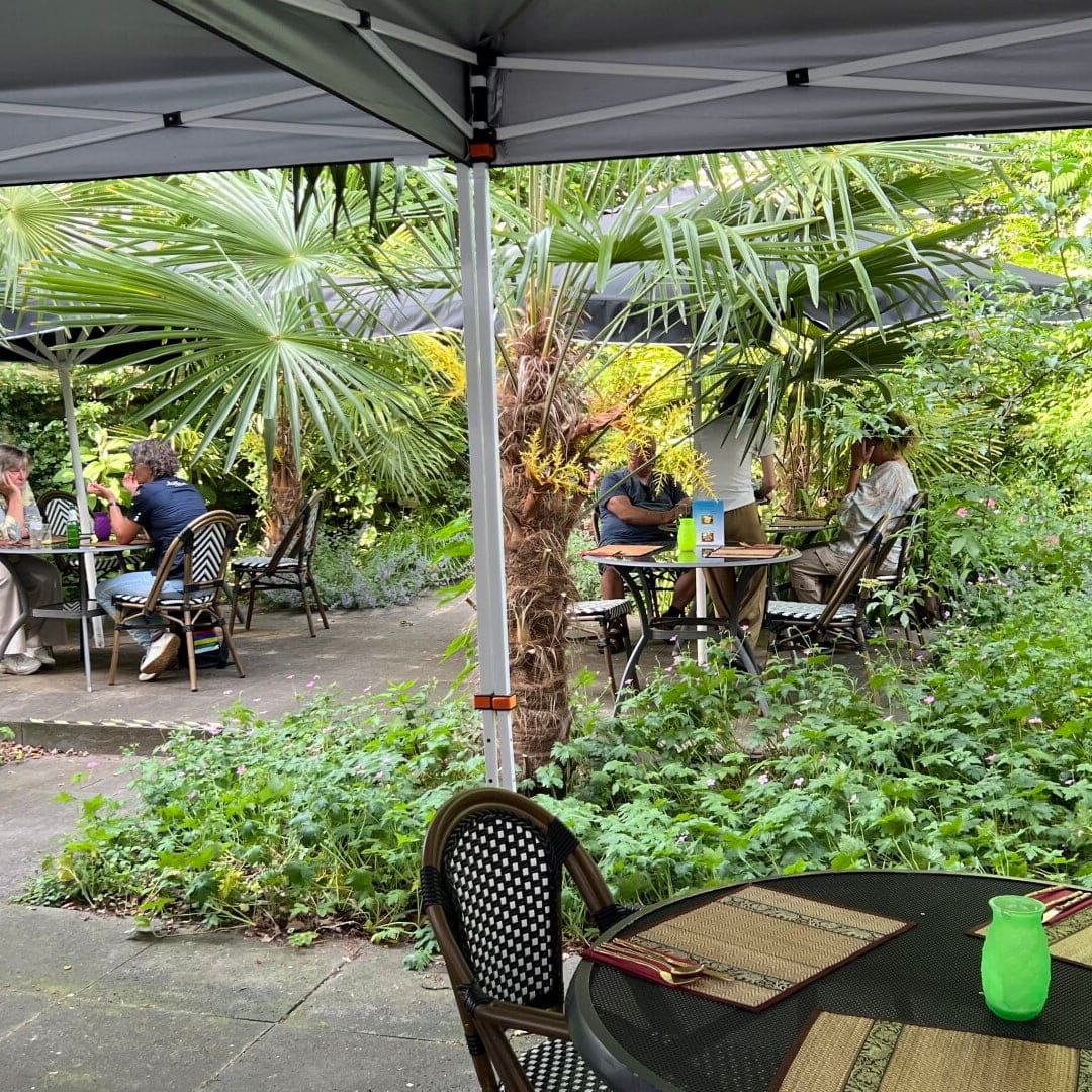 Gasten onder de palmen op het terras in de binnentuin, met gedekte ronde tafels.